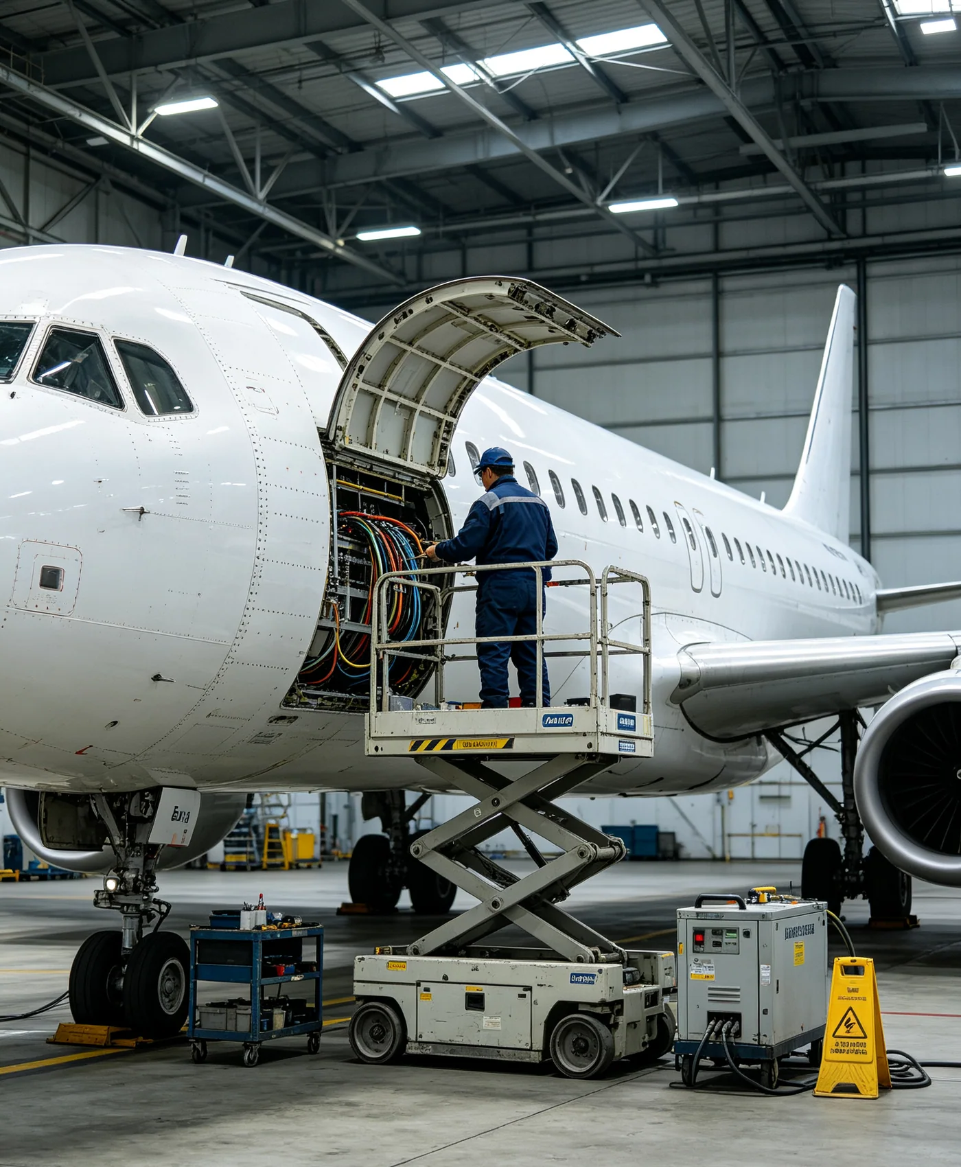 Commercial aircraft undergoing maintenance in a hangar